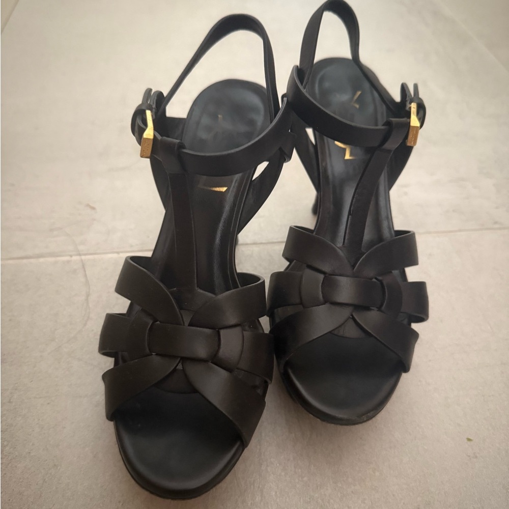 Saint Laurent (YSL) Tribute Black T strap  Heeled Sandals